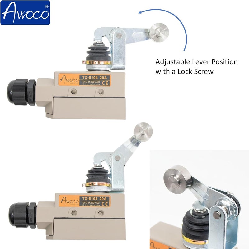 Awoco Heavy Duty Commercial Door Micro Switch with Roller Plunger for Air Curtains, 250V 20A IP 65 Limit Switch Type NO and Type NC (TZ-6104-20A) - Image 4